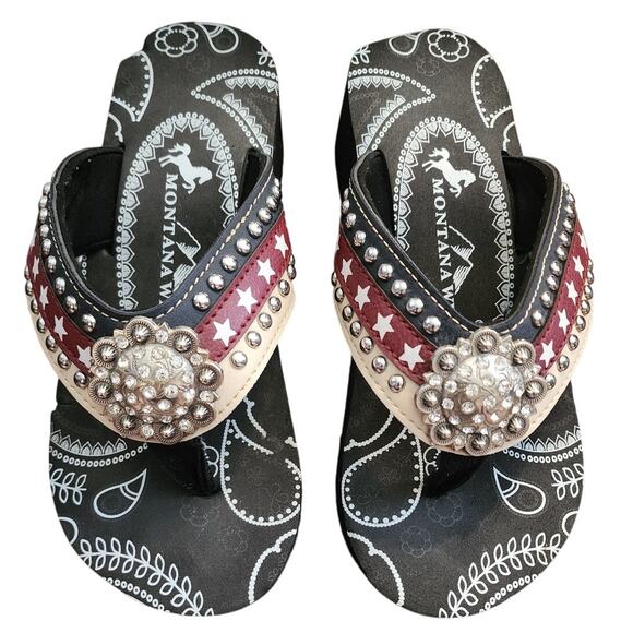 Montana West II Studded & Rhinestones American Flag Wedge Slip On Sandals Size 8 - Picture 1 of 7
